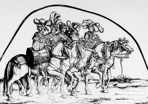 En tropp med trommeslagere fra Maximilians Triumphal Procession, ca. 1516-18 av Hans Burgkmair