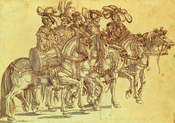 Fem trommeslagere til hest, ca. 1500 (penn og blekk og vask på papir) av Hans Burgkmair