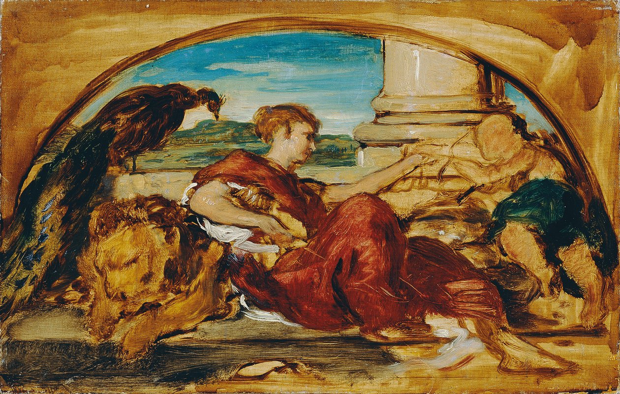 Allegorisk figur med løve og påfugl av Hans Canon
