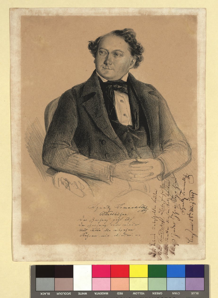 Ignaz Tomaselli, skuespiller og sanger (1812-1862). Med faksimilesignatur og firelinjet dikt «Verdensscene». Til høyre et firelinjet dikt som dedikasjon fra Ignatz Tomaselli til (?) Linz, 28. mars 1849. Ignatz Tomaselli/Verdensscene:/Teppet går a av Hans Canon