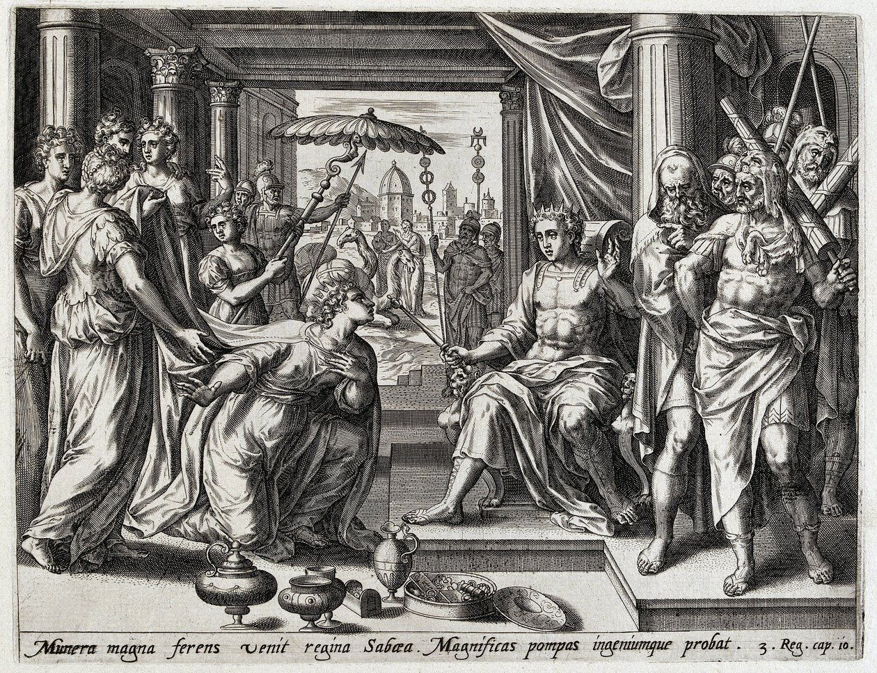 Salomo ontangt de koningin van Seba Geschiedenis van Salomo (serietittel) The History of King Salomon (...) (serietittel) Skatten til den hellige historien til det gamle testamentet, valgt med de mest utmerkede bilder uttrykt i denne kunsten av Hans Collaert (I) (attributed to)