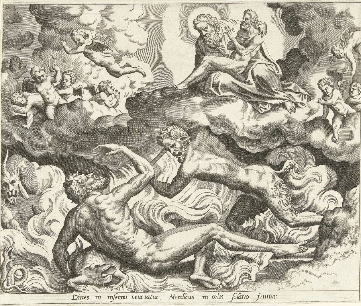 Lasarus i himmelen og den rike mannen i helvete The History of Lazarus and the Rich Man (serietittel) av Hans Collaert (I) (possibly)