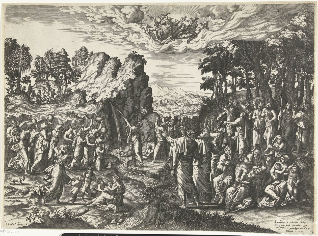 Moses slår vann ut av fjellet av Hans Collaert (I)