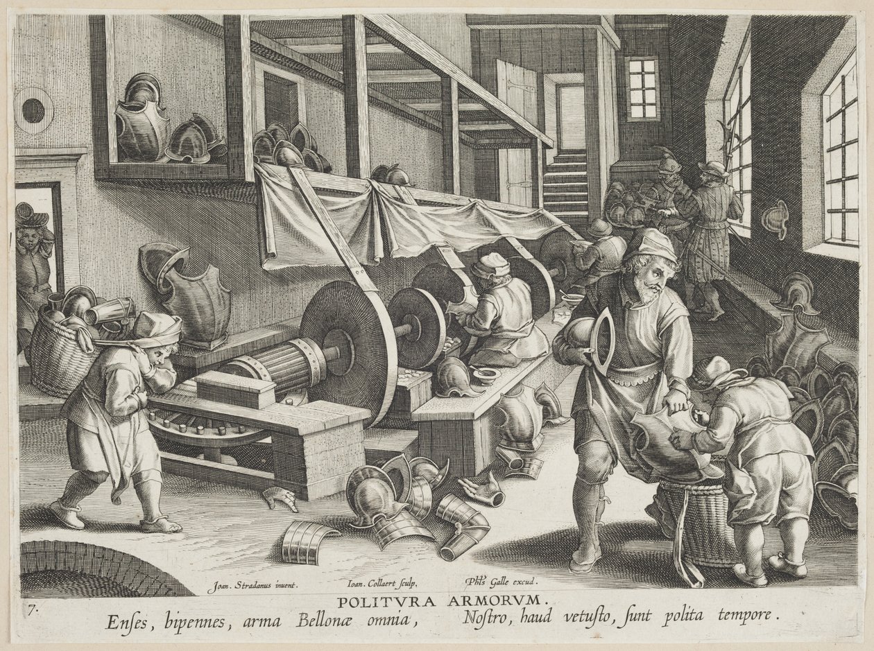 Politura Armorum (Poleringsvåpen), plate 17 fra serien Nova Reperta (Modern Discoveries) c.1588 (gravering på lagt papir) av Hans Collaert