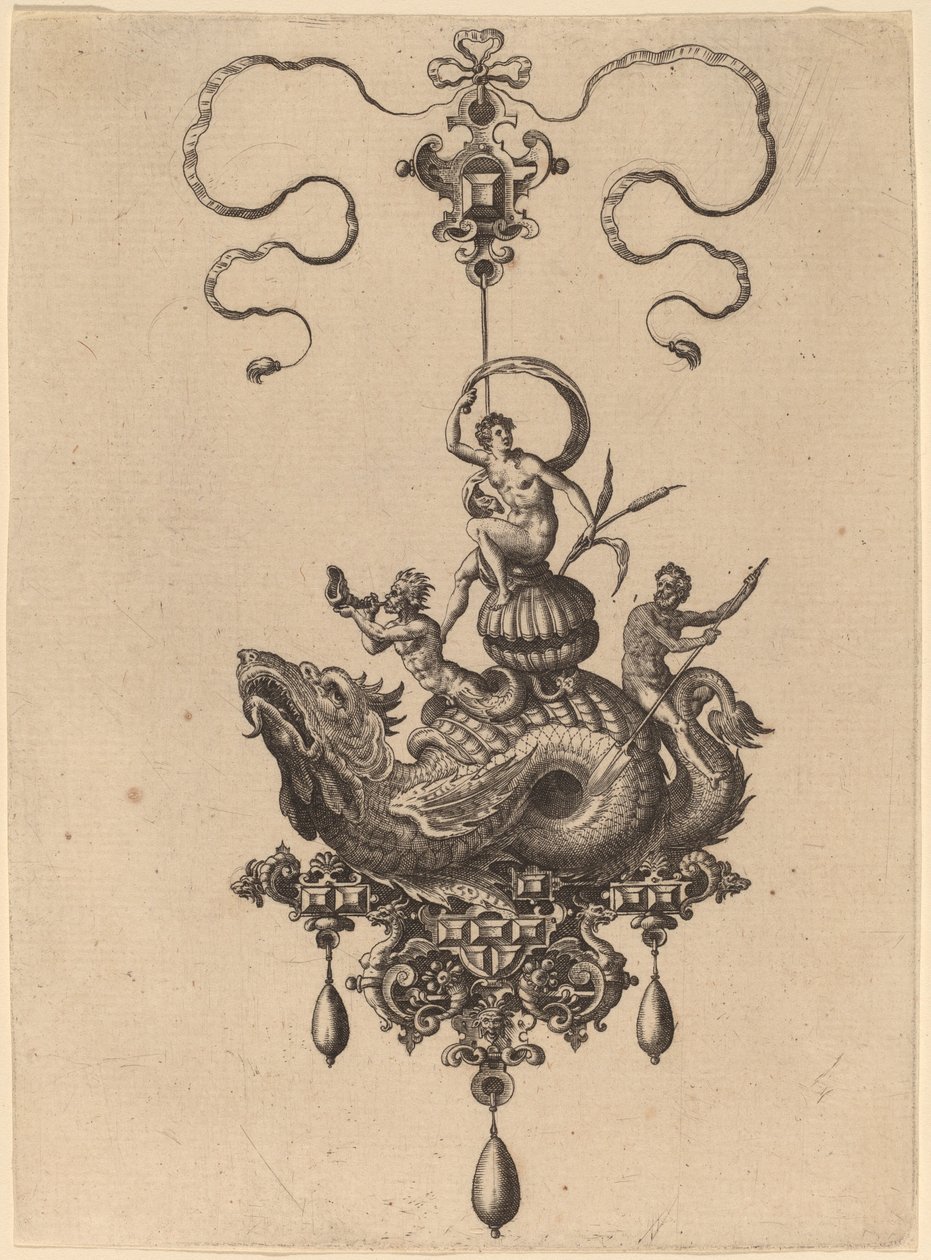 Design for et anheng med sjømonster som bærer en kvinne på et skjell flankert av en Triton og en mann med en åre av Hans Collaert the Elder