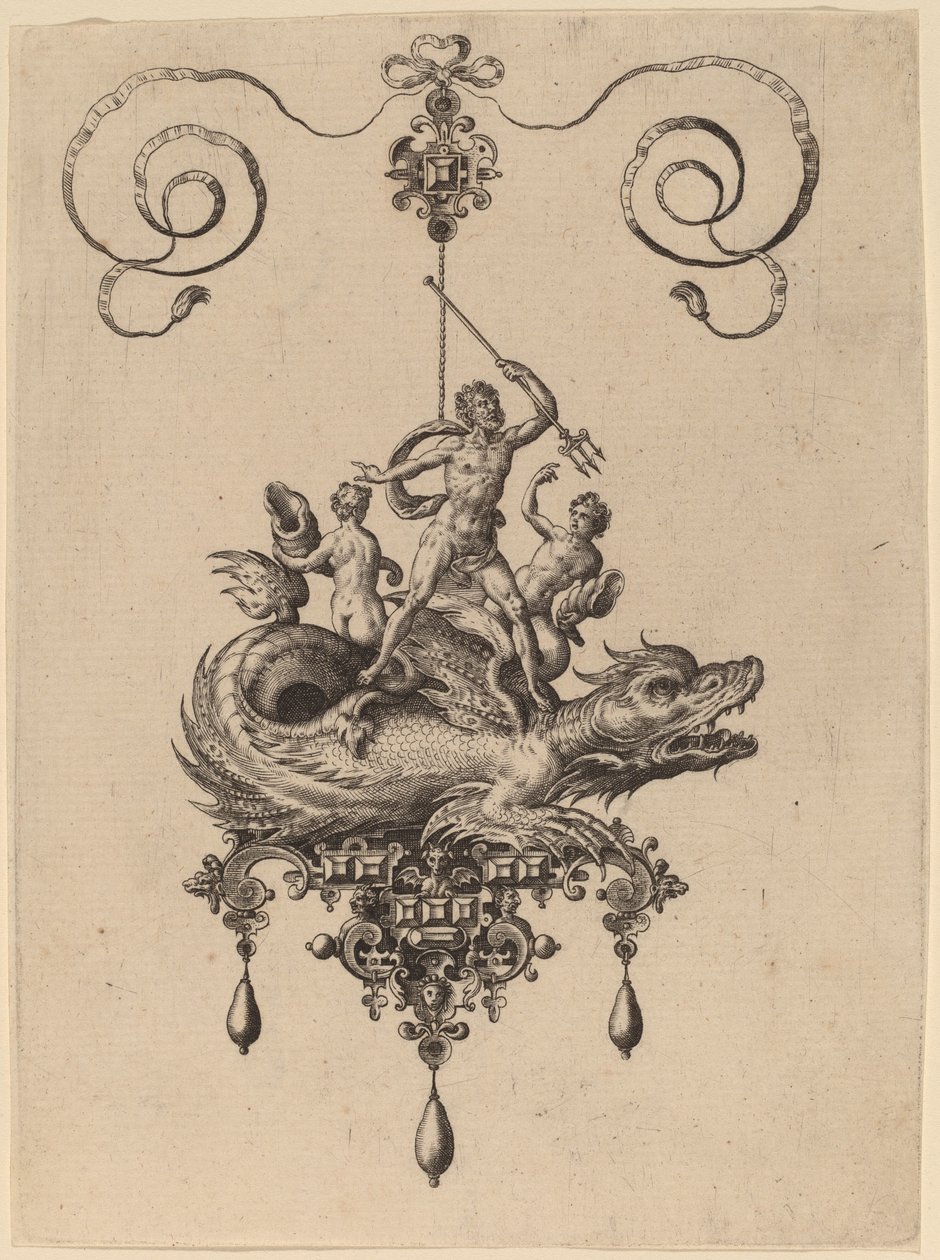 Design for et anheng med et havmonster som bærer Neptun flankert av to figurer av Hans Collaert the Elder
