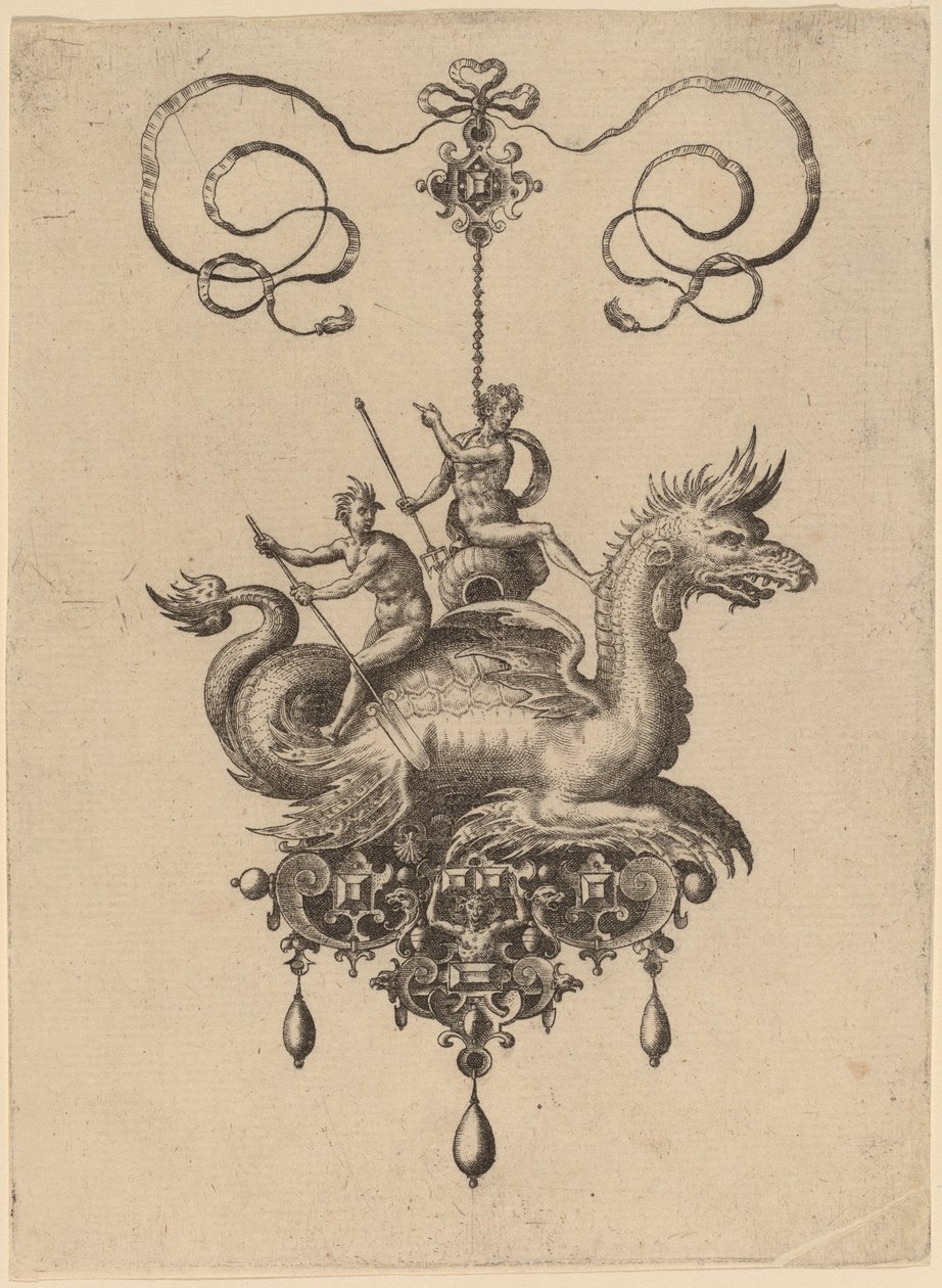 Design for et anheng med et havmonster som bærer Neptun på en urne flankert av en elvegud med en åre av Hans Collaert the Elder