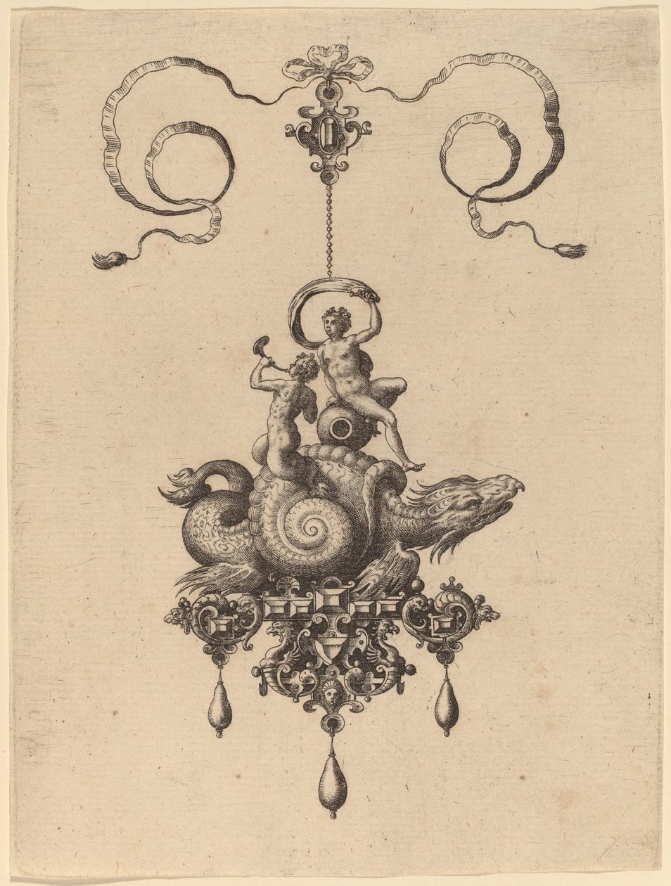 Design for et anheng med et sjømonster i et skall som bærer en Triton og en kvinne med et seil av Hans Collaert the Elder