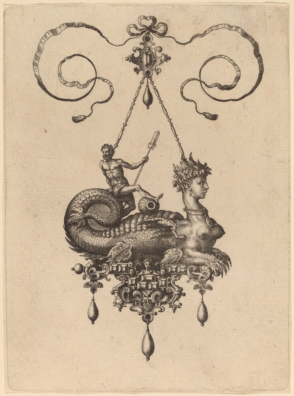 Design for et anheng med en sfinks med kroppen til en fisk som bærer en mann med en åre av Hans Collaert the Elder