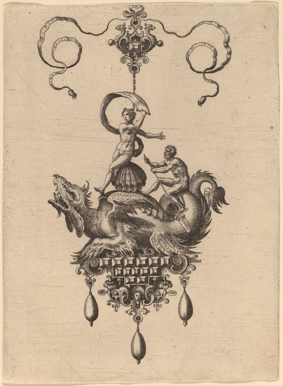 Design for et anheng med et bevinget sjømonster som bærer Venus Anadyomene på et skjell og en mann med en åre av Hans Collaert the Elder
