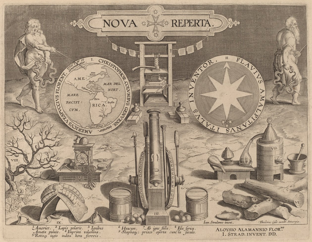 Tittelside for Nova Reperta (nye oppdagelser) av Hans Collaert the Younger after Jan van der Straet