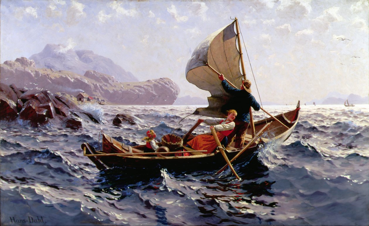 En norsk fiskebåt, nær Bergen (olje på lerret) av Hans Dahl
