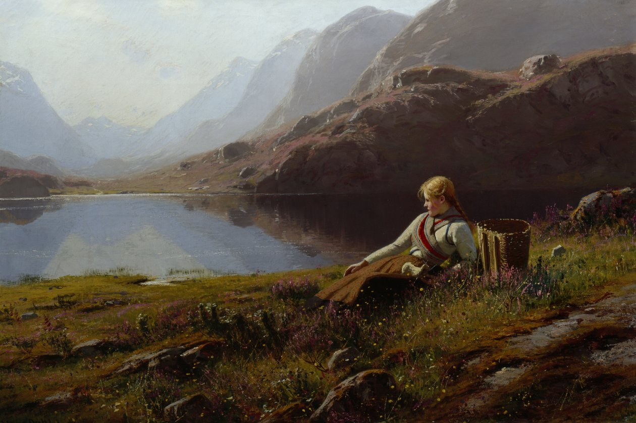 Girl Knitting by the Mountain Lake (olje på lerret) av Hans Dahl