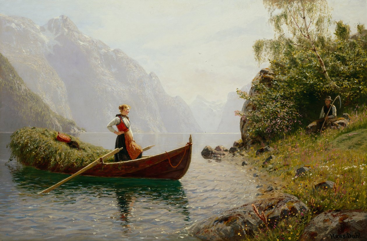 Kvinne og mann i fjordlandskap av Hans Dahl