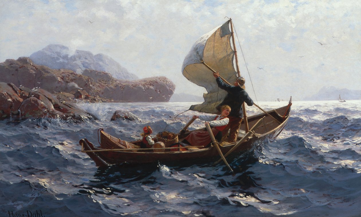 Kvinne, mann og barn i et Oselver av Hans Dahl