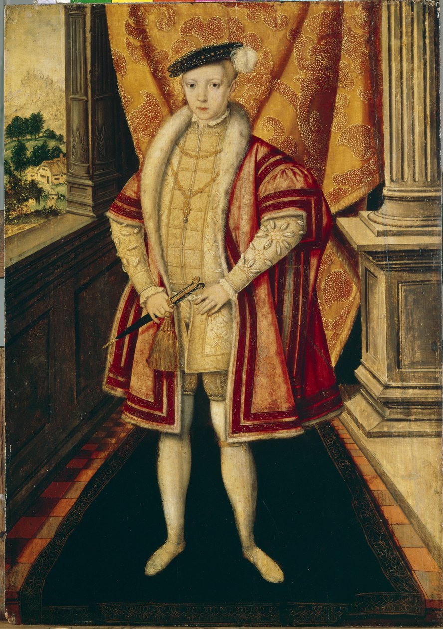 Portrett av kong Edward VI (1537-1553) av England og Irland (Portrett av kong Edward VI av England). tredje hersker av Tudor-dynastiet, han var den første protestantiske herskeren som besteg tronen. Maleri av Hans Eworth (Ewouts) (ca av Hans Eworth or Ewoutsz