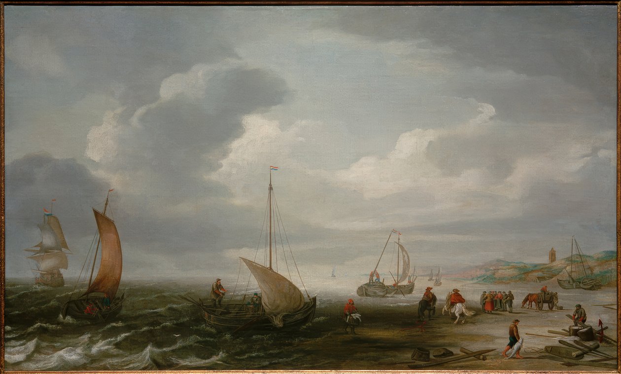 Stranden ved Egmond an Zee med fiskere som losser fangsten av Hans Goderis