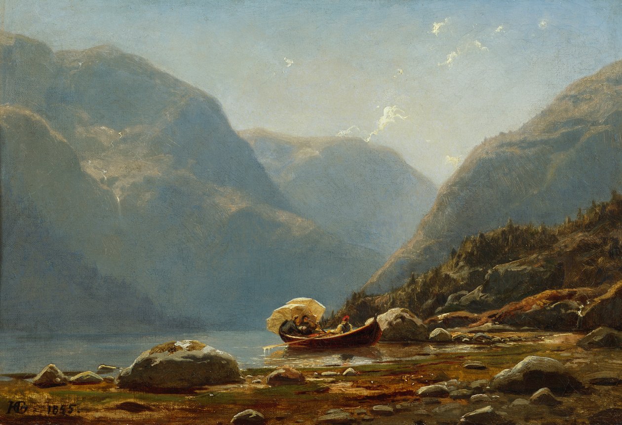 Fjordlandskap med folk i robåt av Hans Gude