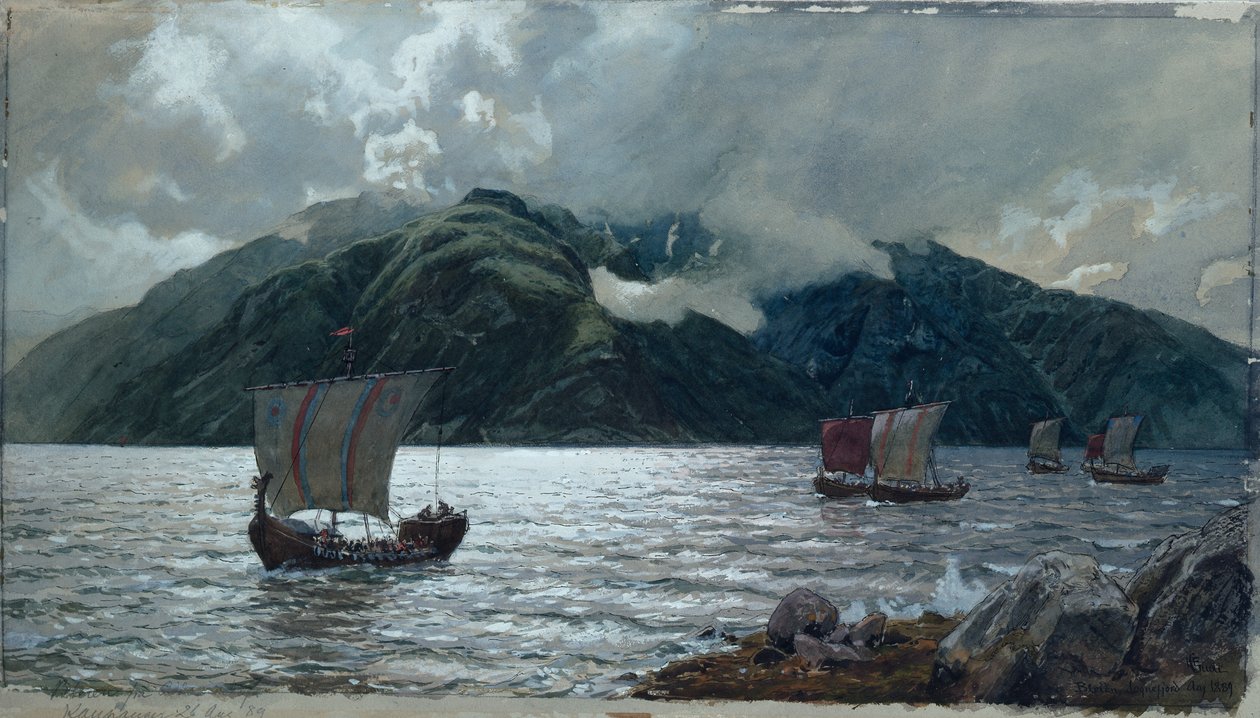 Vikingskip, Sognefjord (akvarell, penn, blyant og gouache på papir) av Hans Gude