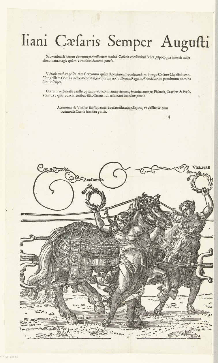 Triomfwagen van keizer Maximiliaan I Kopier til Dürers Triomfwagen for keizer Maximiliaan I (serietittel) Dette er en triumfvogn til ære for Invictus. Og den mest herlige prins D. Maximilianus Caesaris Semper Augustus ble kledd, Og av Albertus av Hans Guldenmund