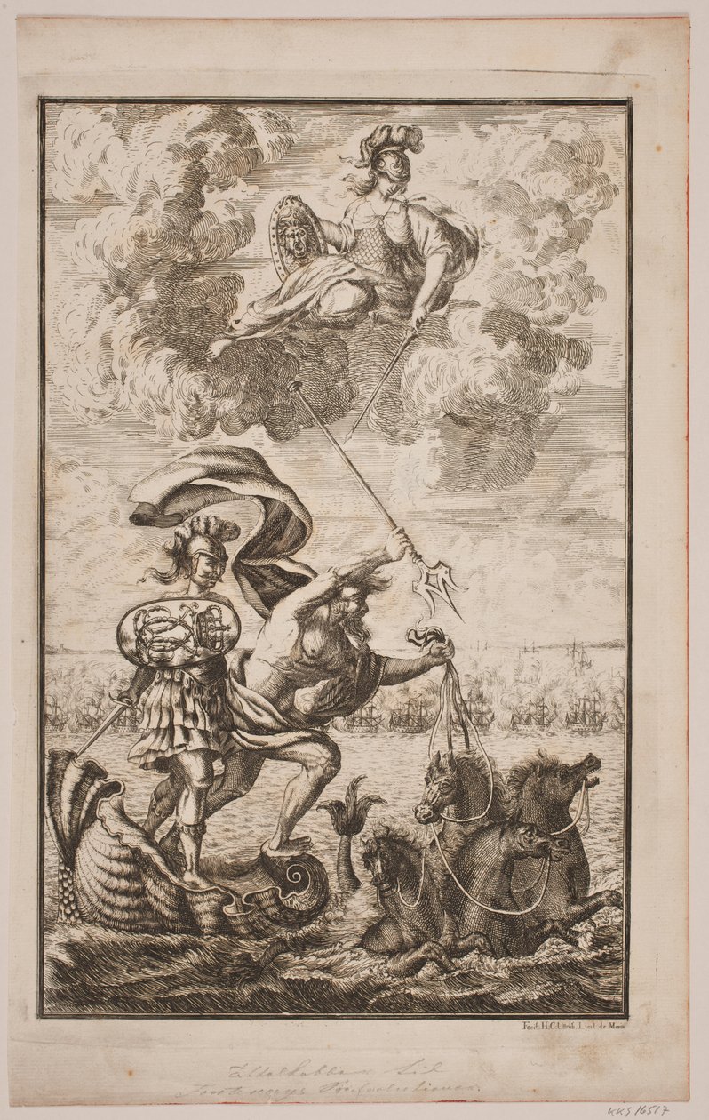 Neptun suser over havet. Tittelside for Fontenay, "Söe-Evolution"; København 1743 av Hans Henrich Christian Ulrich