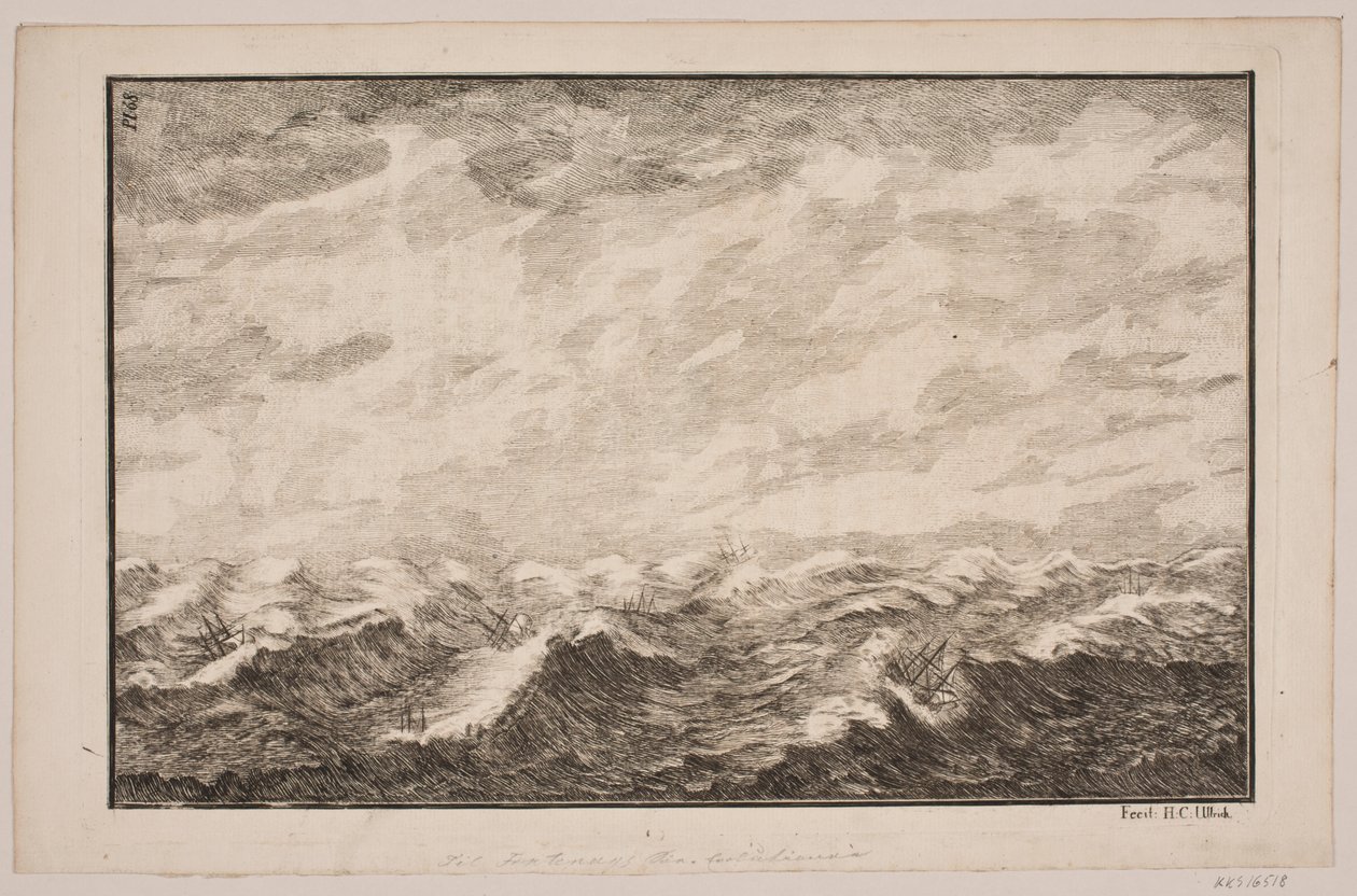 Skip i grov sjø. Illustrasjon for Fontenay, "Söe-Evolution"; København 1743 av Hans Henrich Christian Ulrich