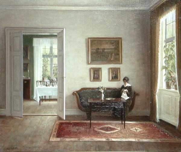 Interiør med sittende figur (olje på lerret) av Hans Hilsoe