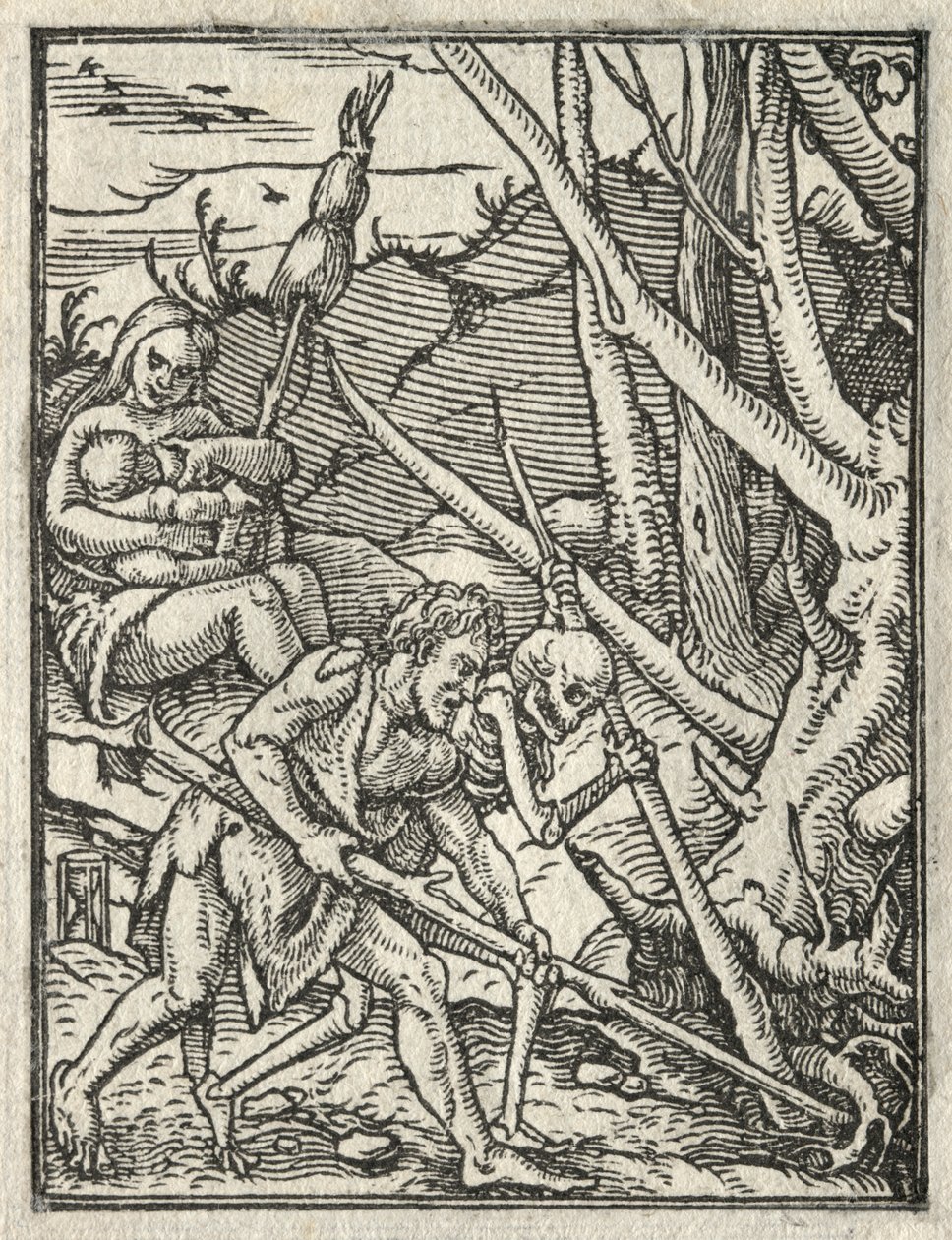 Dødedansen: Utvisning fra paradis; Adam dyrker bakken av Hans Holbein