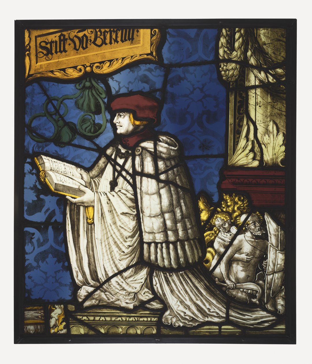 En premonstratensisk kanon; ca. 1520 (pottemetall og fargeløst glass, oksidmaling og sølvbeis; bly kom) av Hans Holbein der Jüngere