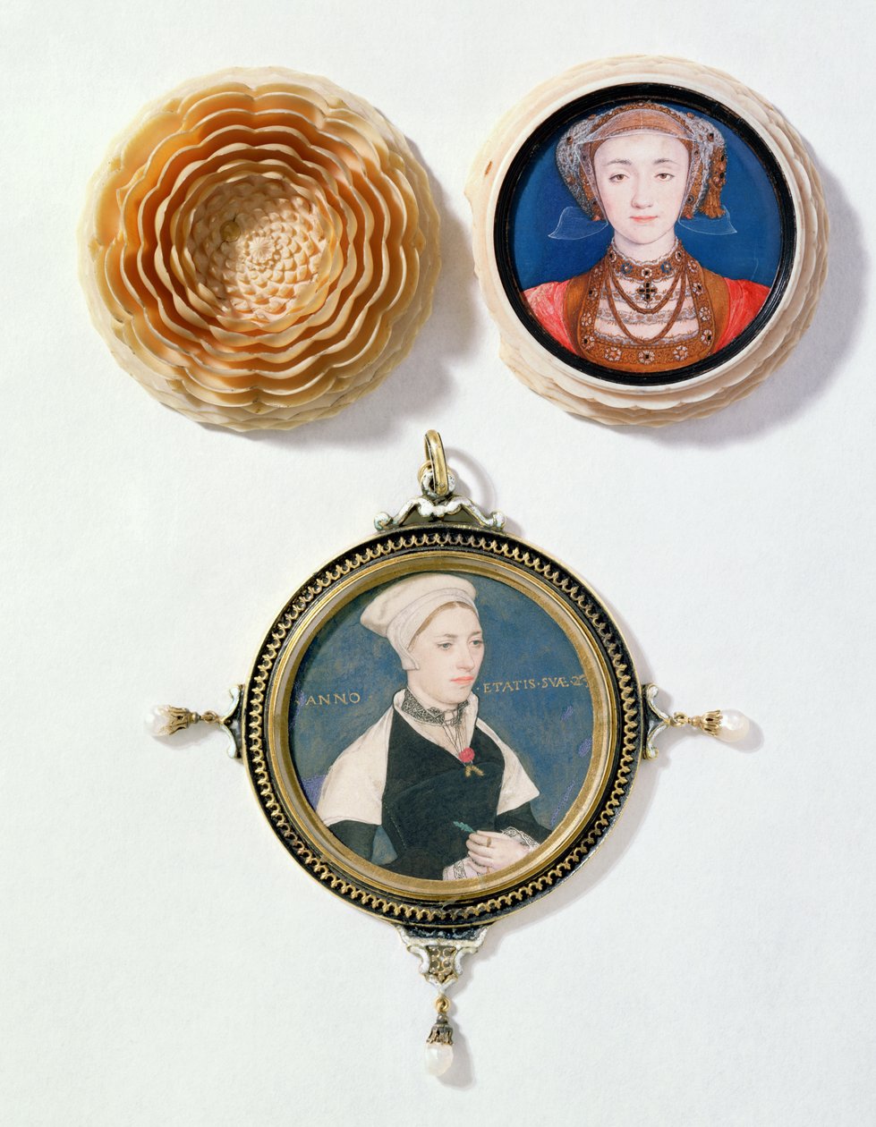 Anne av Cleves (øverst), 1539 (wc på vellum) og Jane Small, tidligere kjent som Mrs. Robert Pemberton (nederst), ca. 1540 (wc på vellum montert på spillkort) av Hans Holbein der Jüngere