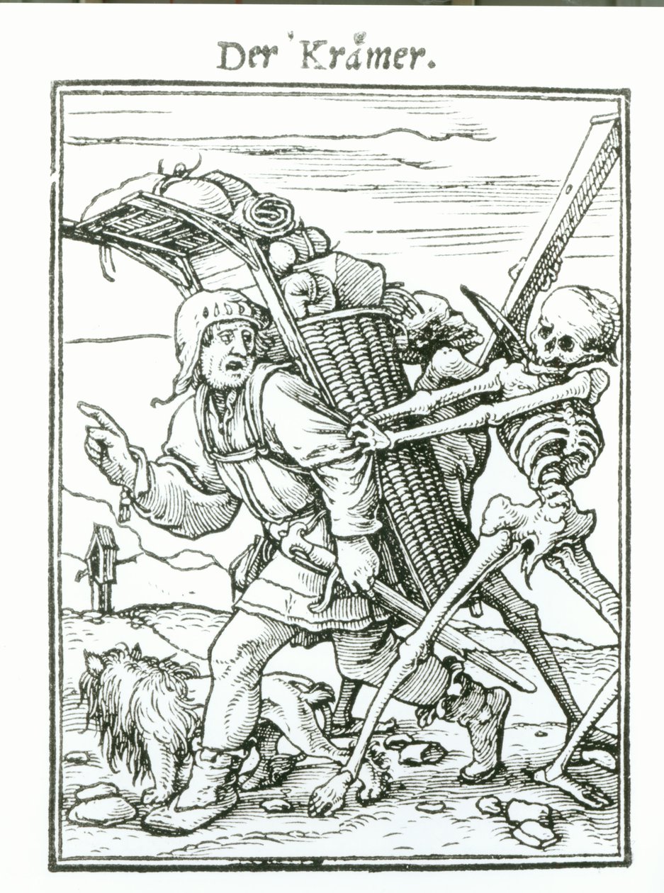 Death and the Pedlar, fra 'The Dance of Death', gravert av Hans Luutzelburger, ca. 1538 av Hans Holbein der Jüngere