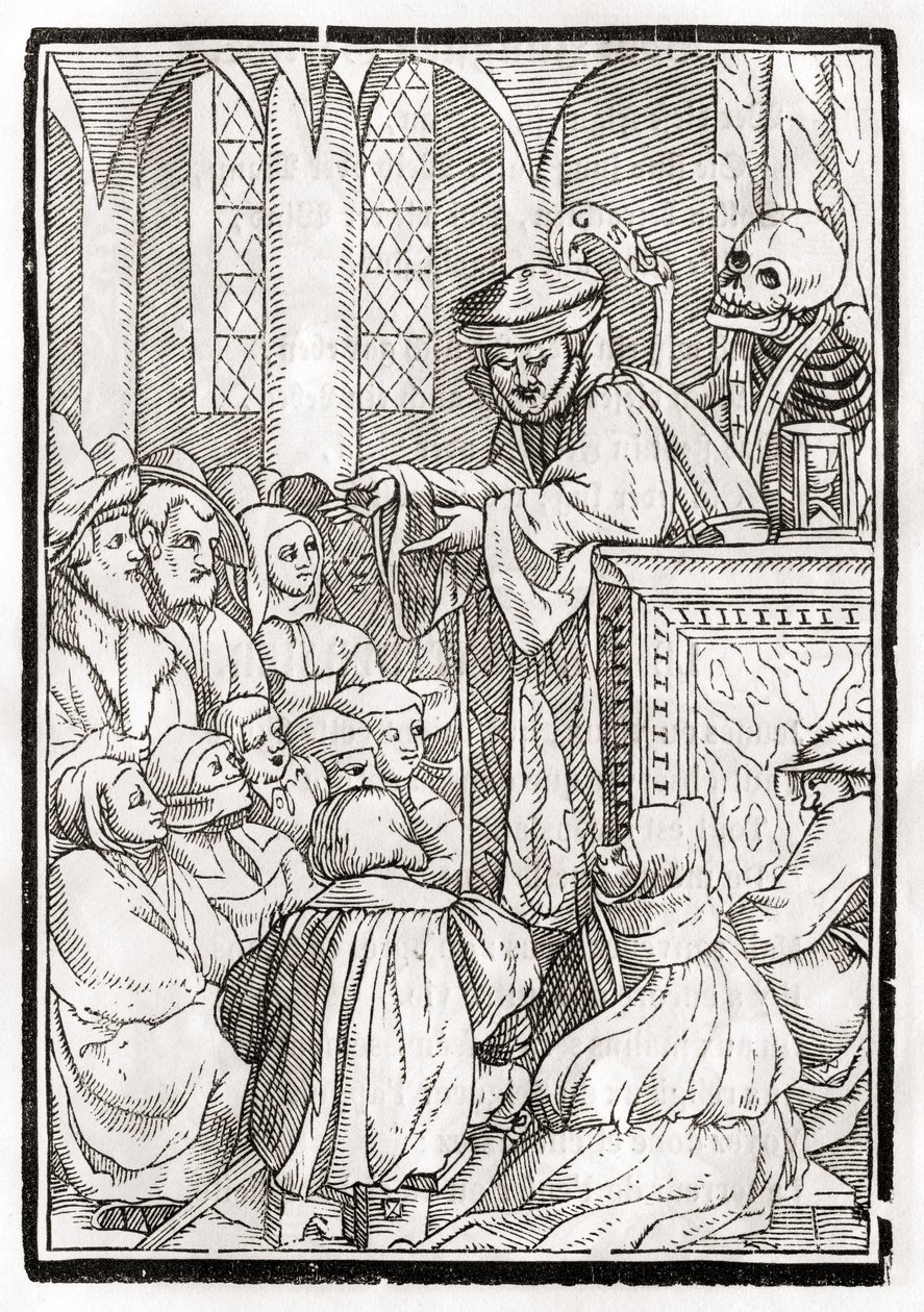 Døden kommer for predikanten, gravert av Georg Scharffenberg, fra 'Der Todten Tanz', utgitt Basel, 1843 av Hans Holbein der Jüngere