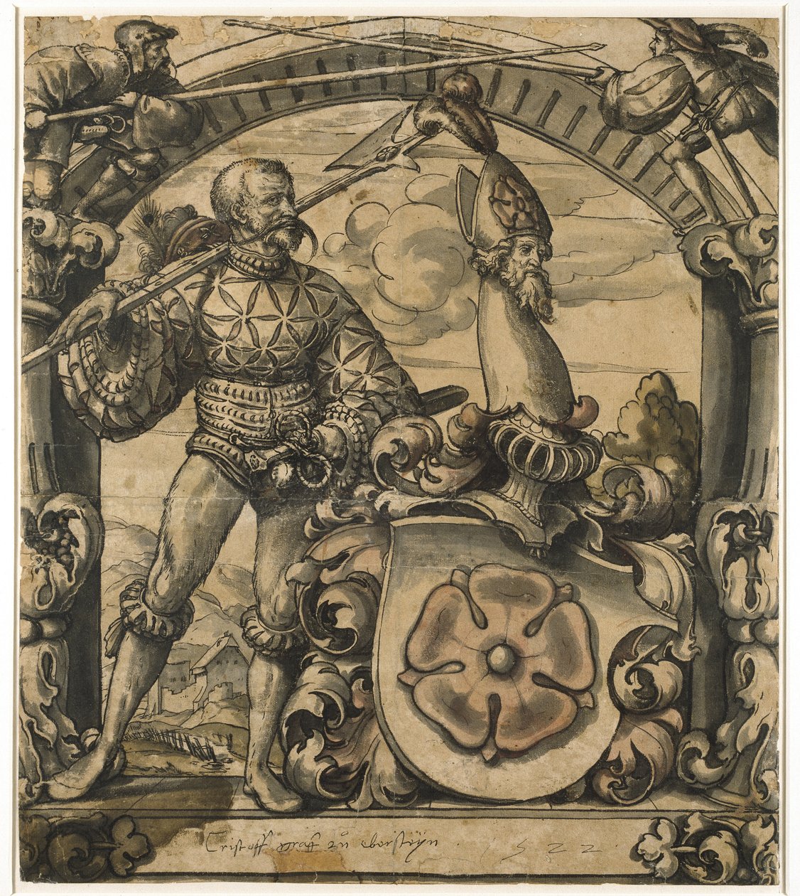 Design for et heraldisk panel av farget glass, 1522 (penn og svart blekk med vask) av Hans Holbein der Jüngere