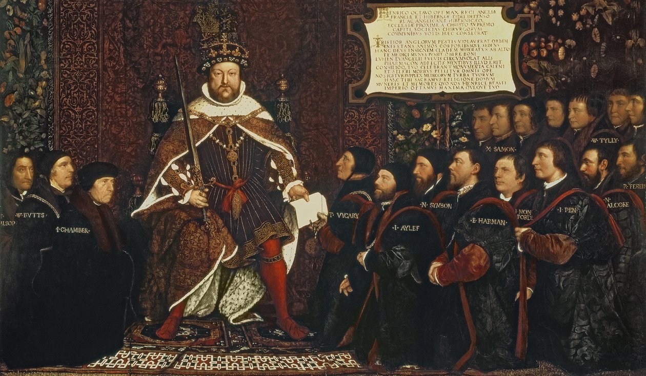 Henry VIII overrakte et charter til Thomas Vicary, til minne om sammenslutningen av Barbers and Surgeons Guilds, 1541 av Hans Holbein der Jüngere