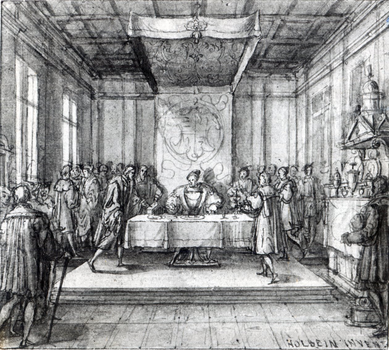 Henry VIII i sitt private kammer (penn, blekk og vask på papir) av Hans Holbein der Jüngere