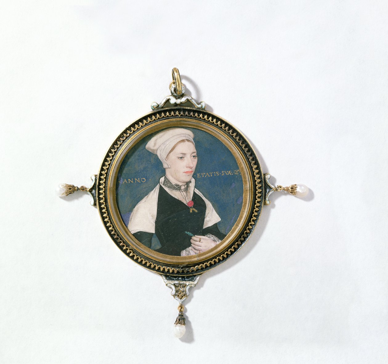 Jane Small, tidligere kjent som Mrs. Robert Pemberton, ca. 1540 (wc på vellum montert på spillekort) (detalj av 14732) av Hans Holbein der Jüngere