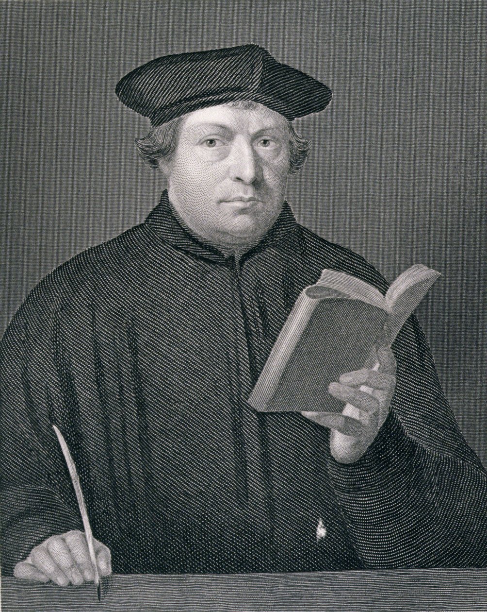 Martin Luther (1483-1546), gravert av W. Holl, fra 'World Religion', utgitt av A. Fullarton und Co. av Hans Holbein der Jüngere