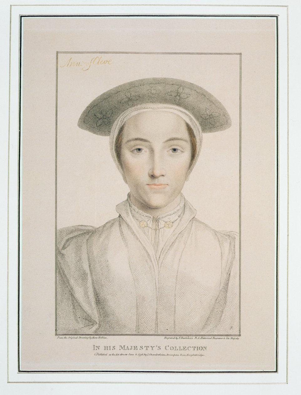 Portrett av dronning Anne av Cleves (1515-57) gravert av Francesco Bartolozzi (1727-1815) publisert 1796 av Hans Holbein der Jüngere
