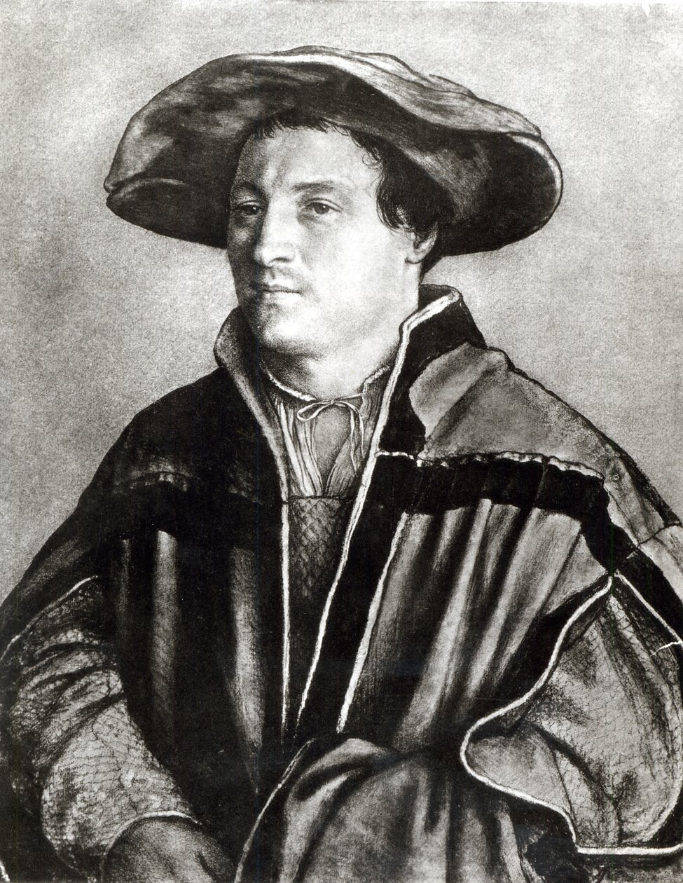 Portrett av en mann med rød hatt, ca. 1530 (kritt og wc på papir) av Hans Holbein der Jüngere