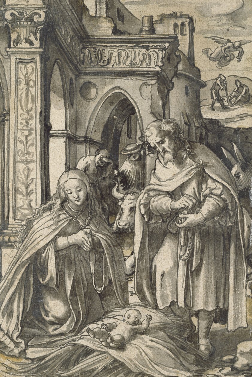 The Nativity (pensel og indisk blekk med grå vask) av Hans Holbein der Jüngere