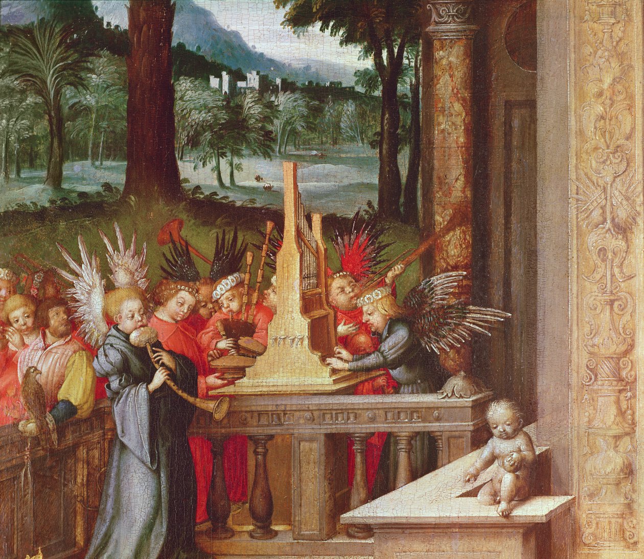 Jomfru, barn og hellige detalj av engler som spiller orgel, 1519 olje på eik av Hans Holbein the Elder