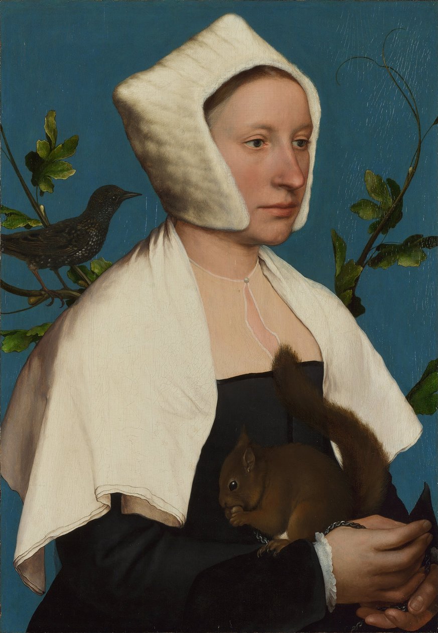 En dame med et ekorn og en stær Anne Lovell, ca. 1527 av Hans Holbein der Jüngere