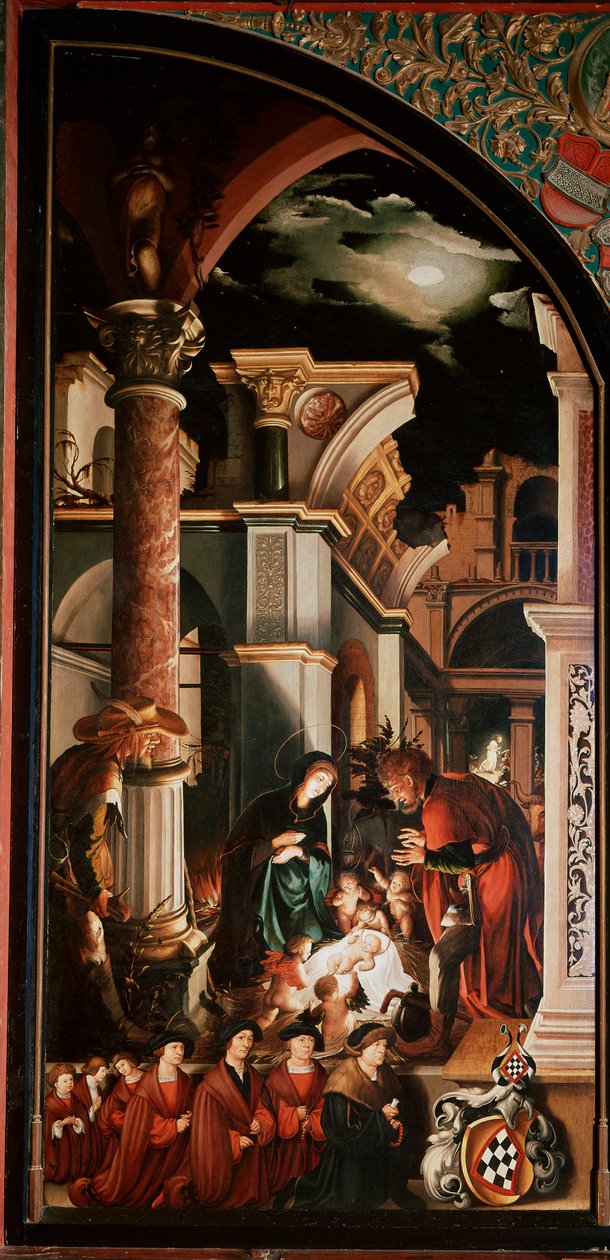 Altertavle Oberried: "The Adoration of Shepherds"" Detrempe på tre av Hans Holbein den unge (1497/8-1543) 1521-1522 Søn. 231x109 cm Cathedrale de Fribourg, Sveits av Hans Holbein der Jüngere