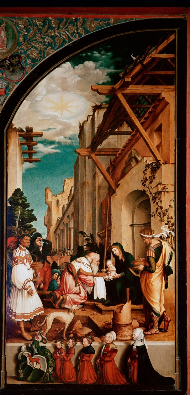 Altertavle Oberried: “The Adoration of the Magi”” Detrempe på tre av Hans Holbein den unge (1497/8-1543) 1521-1522 Søn. 231x109 cm Cathedrale de Fribourg, Sveits av Hans Holbein der Jüngere