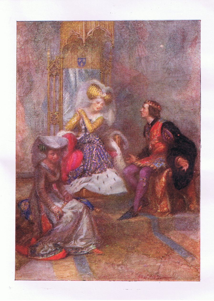 Og hva sier du da til min kjærlighet? (King Henry V), fra The Complete Works of Shakespeare utgitt av George Harrap & Co Ltd, 1920-tallet av Hans Holbein der Jüngere