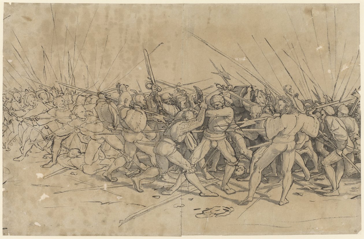 Kampscene, ca. 1524 (penn, blekk og vask) av Hans Holbein the Younger