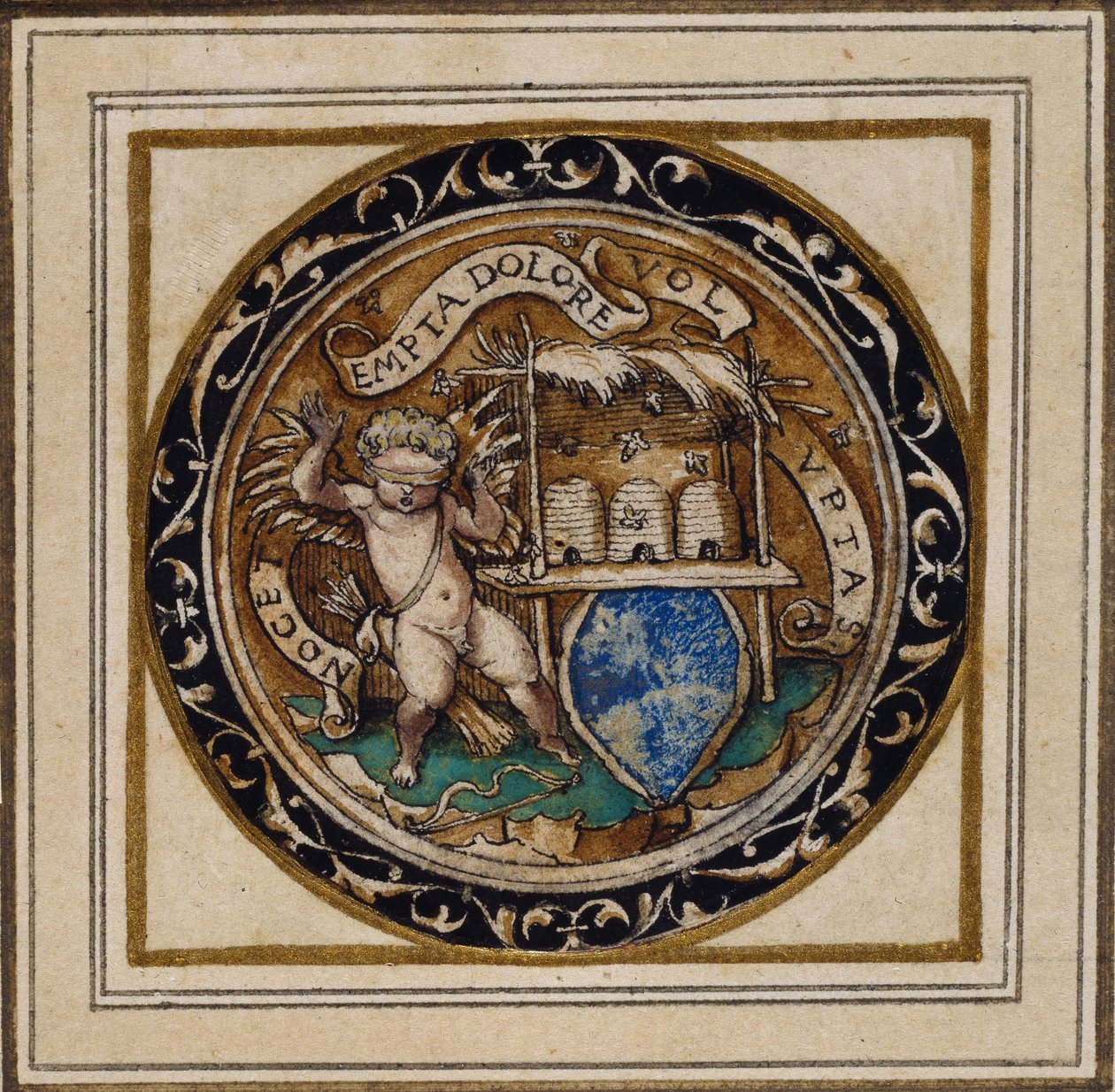 Amor stukket av bier - Design for et anheng eller hattemerke, ca. 1532-43 (penn og blekk på papir) av Hans Holbein der Jüngere
