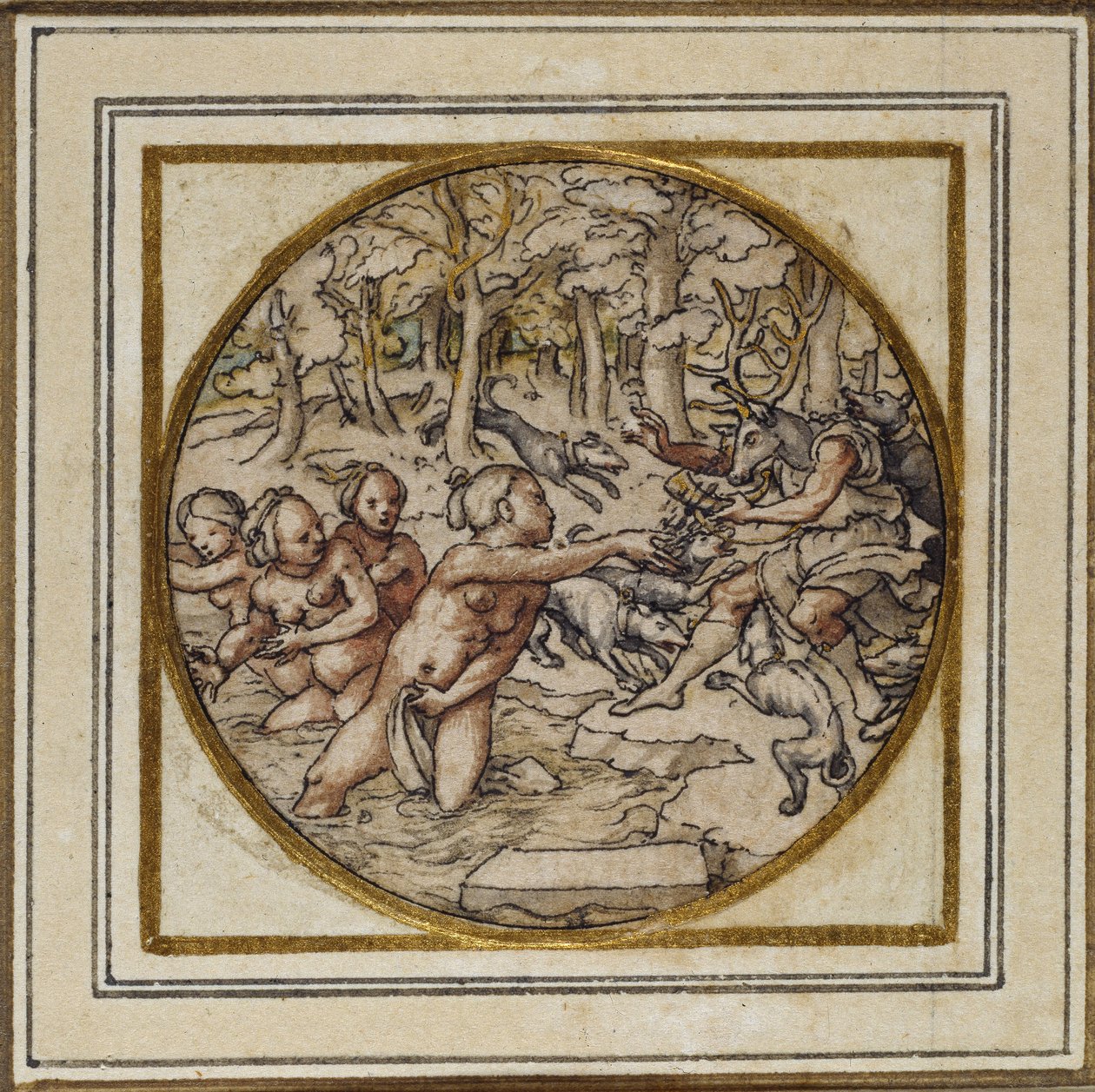 Diana og Actaeon - Design for et anheng eller hattemerke, ca. 1532-43 (penn og blekk på papir) av Hans Holbein der Jüngere
