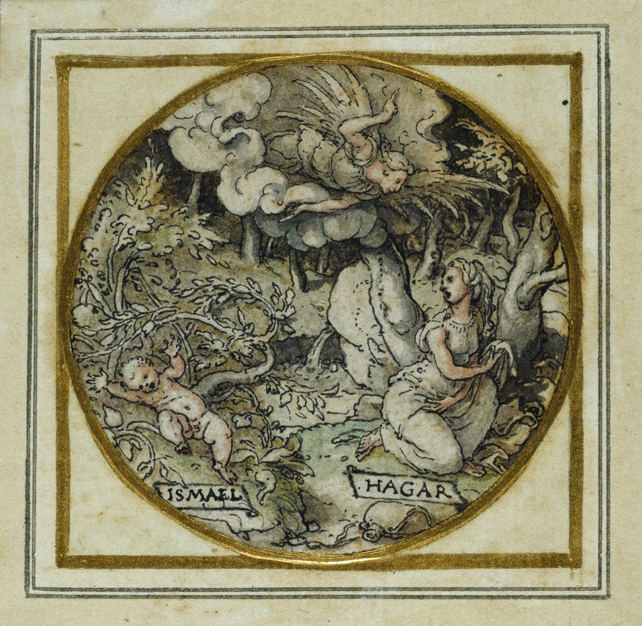 Hagar og Ishmael - Design for et anheng eller hattemerke, ca. 1532-43 (penn og blekk på papir) av Hans Holbein der Jüngere