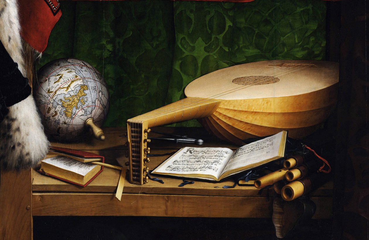 Ambassadørene (Jean de Dinteville (1504-1555 eller 1557) og Georges de Selve (1506-1541). (Ambassadørene (Jean de Dinteville og Georges de Selve). Detalj av instrumentene på den nedre hylle: jordklode, bok av aritmetikk, en lut med en co av Hans Holbein der Jüngere